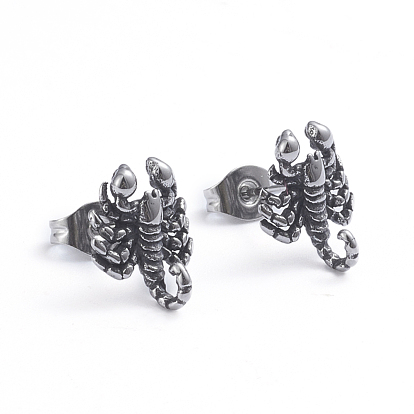 Retro 304 Stainless Steel Stud Earrings, with Ear Nuts, Scorpion
