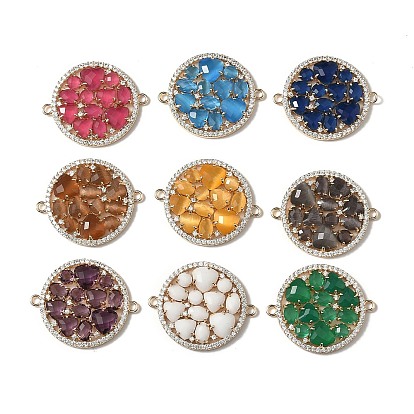 Латунные микро-паве прозрачные кубические цирконии и стеклянные плоские круглые подвески-соединители, реальный 18 k позолоченный, стойки покрытие, долговечный, без кадмия и без свинца