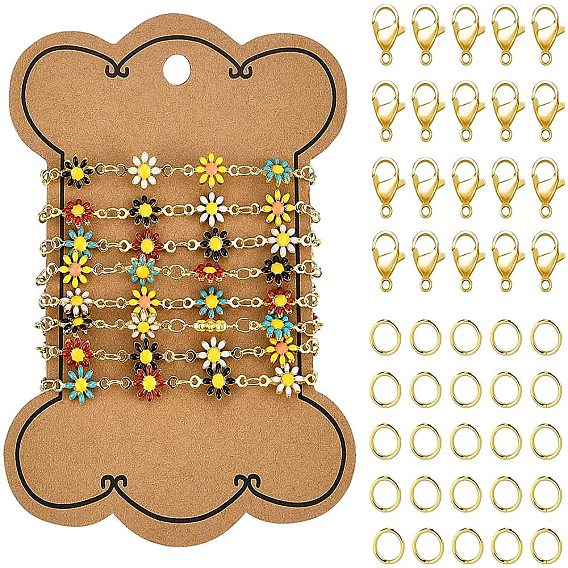 DIY Necklace Making Kits, 1M Handmade Brass Enamel Soldered Link Chains, with Card Paper, Daisy, 20Pcs Lobster Claw Clasps & 20Pcs Jump Rings