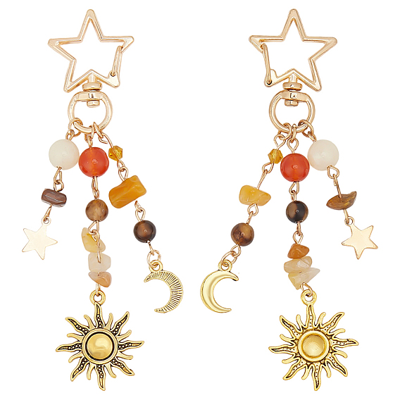 2шт. подвески в виде звезды и луны из сплава, с натуральным драгоценным камнем и стеклянными бусами