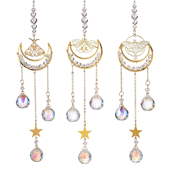 Латунные полые мотыльки и лунные подвесные украшения, Круглые стеклянные подвески с кисточками для украшения сада на открытом воздухе