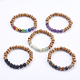 Natural Gemstone Stretch Bracelets, with Wood Beads and Alloy Beads, Burlap Bags