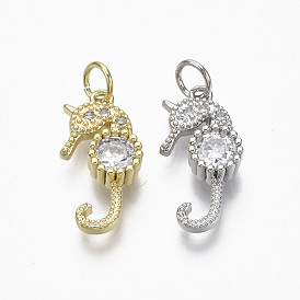 Brass Micro Pave Clear Cubic Zirconia Pendants, with Jump Ring, Sea Horse, Nickel Free