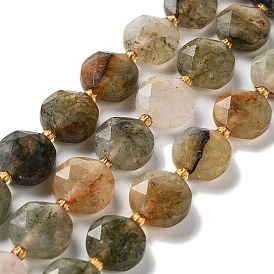 Natural Mixed Rutilated Quartz Beads Strands, with Seed Beads, Faceted Hexagonal Cut, Flat Round