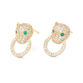 Green Cubic Zirconia Leopard Head with Ring Stud Earrings, Brass Jewelry for Women, Lead Free & Cadmium Free