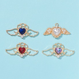 4шт 4 подвески из сплава с гальванопокрытием, с пластиковой имитационной жемчужиной, крыло с сердцем