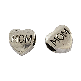 Mother's Day Tibetan Style Zinc Alloy European Beads, Heart with Word Mom, Lead Free & Cadmium Free, 10.5x10.5x6.5mm, Hole: 4.8mm, about 277pcs/500g