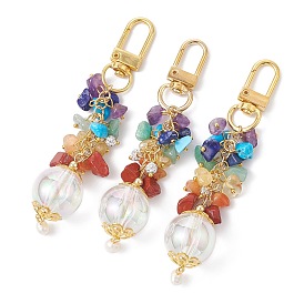 Décorations pendentif en perles de pierres mélangées naturelles chakra, avec perles acryliques transparentes et fermoirs pivotants en alliage, ronde