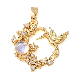 Brass Micro Pave Clear Cubic Zirconia Pendants, with Resin, Round with Hummingbird & Flower Charms