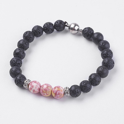 Натуральные бусины из вулканического камня стрейч браслеты, с драгоценным камнем и магнитной застежкой