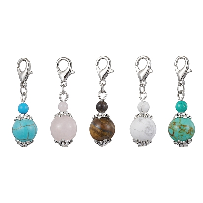 Natural & Synthetic Mixed Stone Pendant Decorations, with Alloy Lobster Claw Clasps, Round