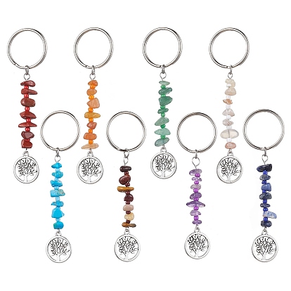 8Pcs Tree of Life Tibetan Style Alloy Pendant Keychains, with Natural Gemstone Chip Beads and Iron Split Key Rings