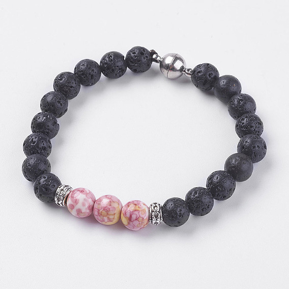 Натуральные бусины из вулканического камня стрейч браслеты, с драгоценным камнем и магнитной застежкой