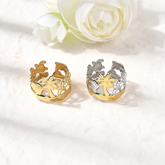 304 из нержавеющей стали Манжета кольца для женщин, формы кокосовой пальмы и ракушки