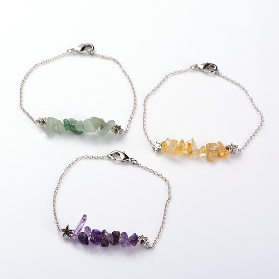 Trendy Gemstone Beaded Bracelets, with Tibetan Style Star Beads, Brass Chains and Brass Lobster Claw Clasps, 185mm