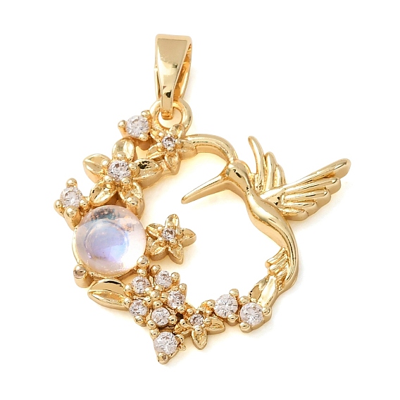 Brass Micro Pave Clear Cubic Zirconia Pendants, with Resin, Round with Hummingbird & Flower Charms