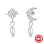 Chic Sterling Silver Earrings with Diamonds and Pearls - Star & Moon Dangle Drop Ear Studs