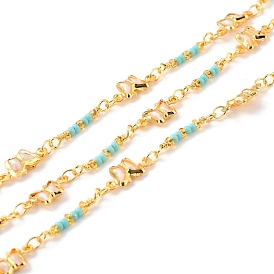 Handmade Brass Beaded Chains, with Glass Butterfly Link & Seed Beads, Long-Lasting Plated, Soldered, with Spool, Golden
