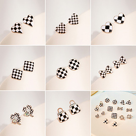 Chic Black and White Checkerboard Earrings with Butterfly Bow, Vintage Geometric Ear Jewelry Set
