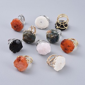 Adjustable Natural Rough Raw Gemstone Finger Rings, with Brass Findings, Nuggets