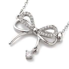 201 Stainless Steel Cable Chain Necklaces, Brass Clear Cubic Zirconia Bowknot Pendant Necklaces