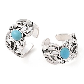 Oval Synthetic Turquoise Cuff Rings, Alloy Wide Band Open Rings for Women, Cadmium Free & Lead Free