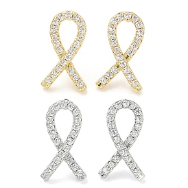 Rack Plating Brass Micro Pave Clear Cubic Zirconia Stud Earrings for Women, Cadmium Free & Lead Free, Long-Lasting Plated, Awareness Ribbon Shape