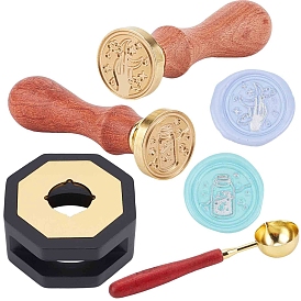 CRASPIRE DIY Scrapbook Making Kits, Including Wooden Sealing Wax Melting Furnace, Brass Wax Sticks Melting Spoon, Brass Wax Seal Stamp and Wood Handle Sets