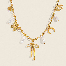 Summer Beach 304 Stainless Steel Bowknot Clover Pendant Necklaces with Imitation Keshi Pearl Tassel for Women, White