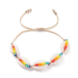 Natural Cowrie Shell Braided Bead Bracelets for Women, Adjustable Glass Seed Beads Bracelets