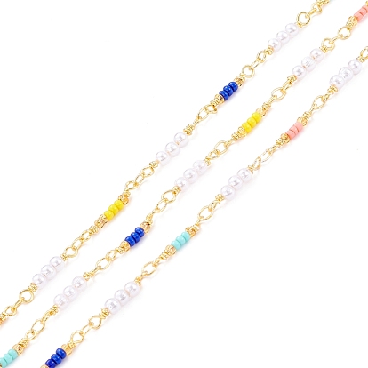 CCB Plastic & Glass Seed Beaded Chain, with Brass Findings, Long-Lasting Plated, Imitation Pearl & Rondelle, Soldered, with Spool
