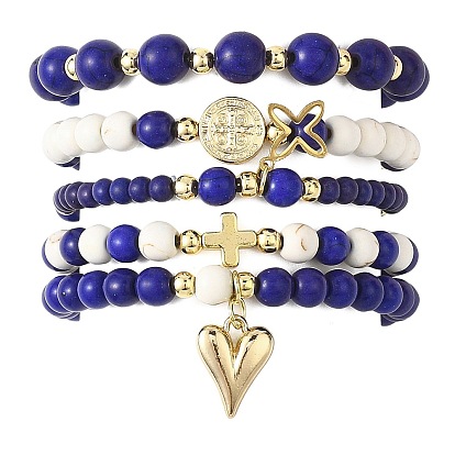 5шт. 5 стили браслеты из окрашенных синтетических бирюзовых бусин, 304 женские браслеты с подвесками из нержавеющей стали