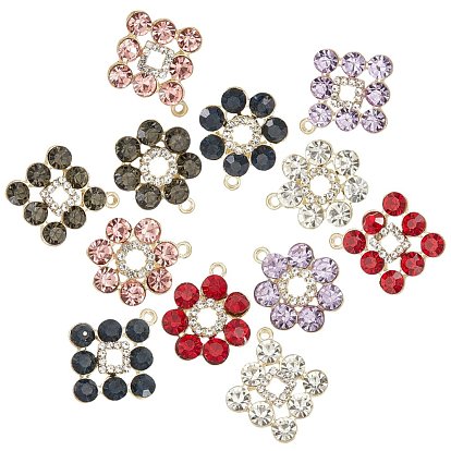12Pcs 2 Styles 6 Colors Golden Plated Alloy Pendants, with Glass Rhinestone, Rhombusb & Flower