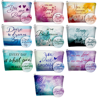 10 шт. 10 стили косметичек из полиэстерового холста, с 10шт 10 стилями жести и зеркалом для макияжа с покрытием PVD, прямоугольник со словом