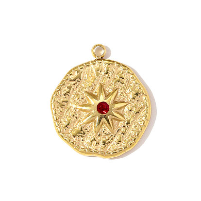 304 подвески из нержавеющей стали, плоский круглый с солнечными чарами, со стразами, ионное покрытие (ip), зеркальная полировка