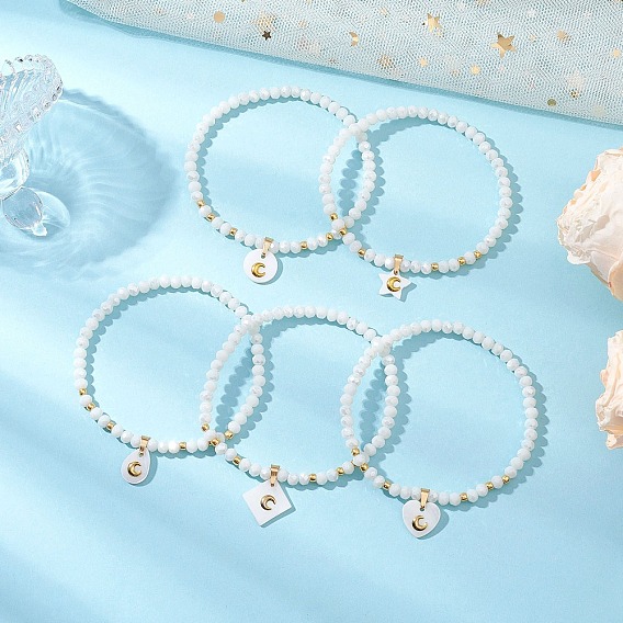 5шт 5 стили браслеты с подвесками из натуральной пресноводной ракушки и металлического лунного среза, круглые бусины toho и гальванизированные стеклянные граненые бусины, растягивающиеся браслеты, золотые, разнообразные