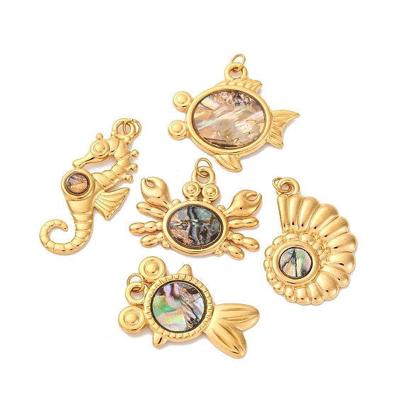 304 подвески из натуральной ракушки пауа из нержавеющей стали, прелести морских животных, с прыжковых колец, реальный 18 k позолоченный, ионное покрытие (ip)