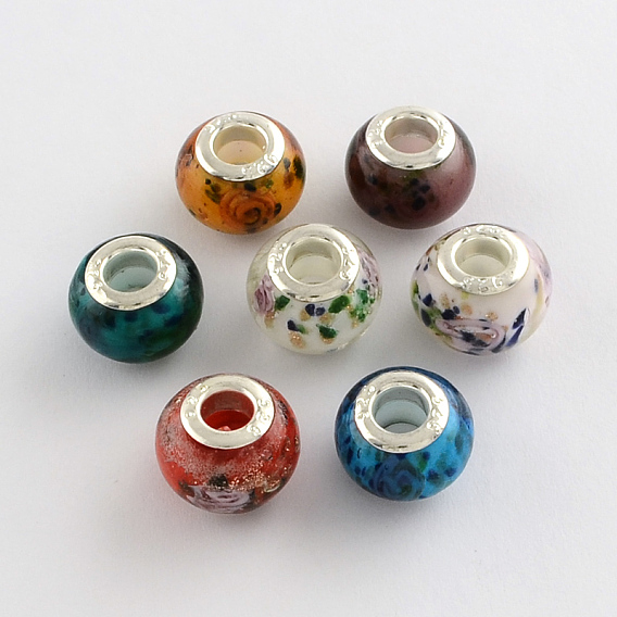 Rondelle Lampwork большого отверстия европейские шарики, с латунными сердечниками с серебряным покрытием, 13~14x10~11 мм, отверстие : 5 мм