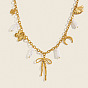 Summer Beach 304 Stainless Steel Bowknot Clover Pendant Necklaces with Imitation Keshi Pearl Tassel for Women, White