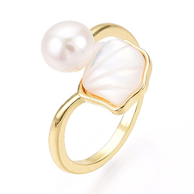 Natural Pearl Open Cuff  Ring with Msilver-Lipped Pearl Oyster, Brass Finger Rings, Shell Shape