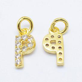 Brass Micro Pave Grade AAA Cubic Zirconia Charms, Letter P, Cadmium Free & Nickel Free & Lead Free