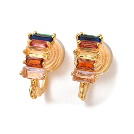 Фурнитура для сережек-клипс с микропаве из латуни и разноцветными кубическими цирконами, долговечный, без никеля , прямоугольные