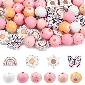 50Pcs 10 Styles Printed Wood Beads, Mixed Shape