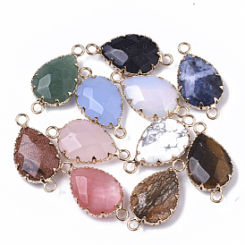 Gemstone Links/Connectors, with Golden Tone Brass Open Back Settings, Faceted, Teardrop