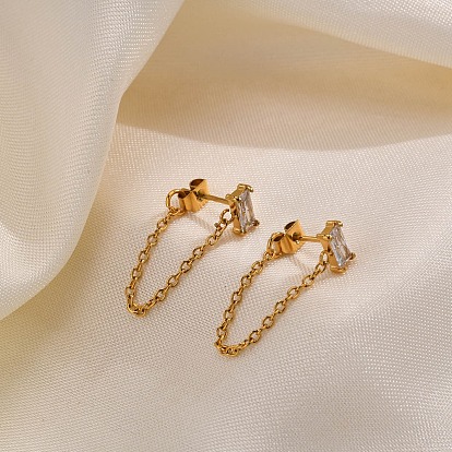 Cubic Zirconia Rectangle Stud Earrings, Golden 304 Stainless Steel Chains Tassel Front Back Stud Earrings