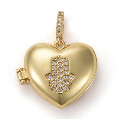 Brass Micro Pave Clear Cubic Zirconia Diffuser Locket Pendants, Long-Lasting Plated, Lead Free & Cadmium Free, Heart with Hamsa Hand,Religion