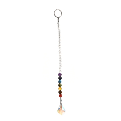 Chakra Leaf Crystal Suncatcher Dowsing Pendulum Pendants, with 304 Stainless Steel Split Key Rings, Glass and Gemstone Beads, Velvet Bag, Stainless Steel Color