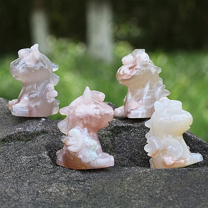 Natural Cherry Blossom Agate Carved Healing Unicorn Figurines, Reiki Energy Stone Display Decorations