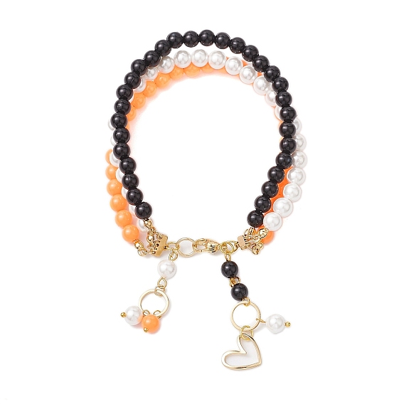 6mm Round Shell Pearl & ABS Plastic Imitation Pearl Tree-Color Multi-Strand Bracelets for Women, with Brass Heart Charms