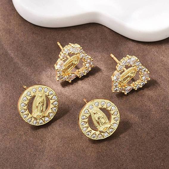 Серьги-гвоздики с изображением Девы Марии из латуни с микропаве из прозрачных кубических цирконий, долговечная тарелка, стойки покрытие, без свинца и без кадмия, реальный 18 k позолоченный